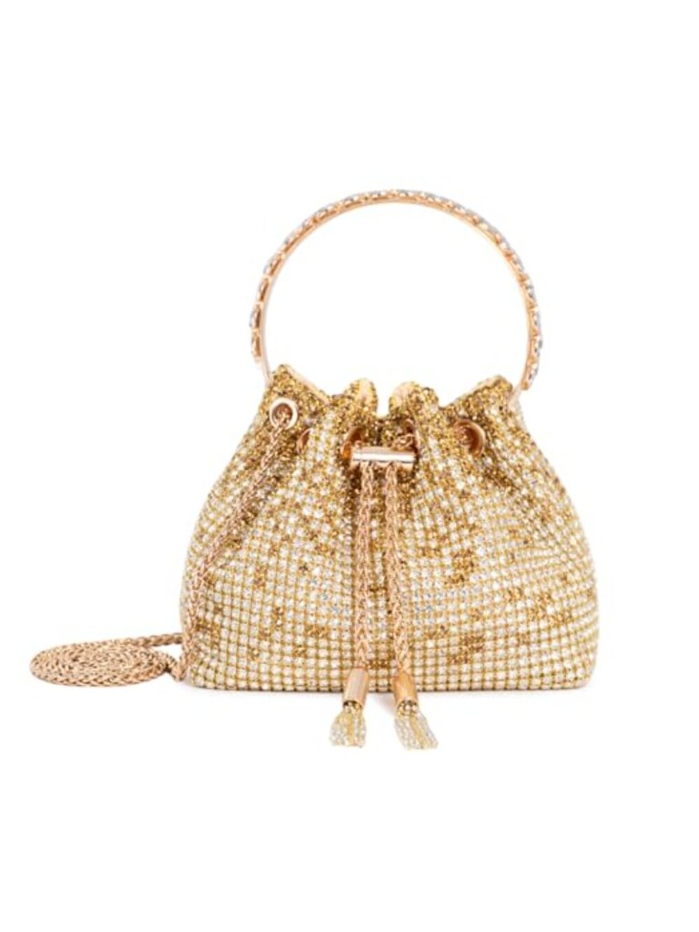 Rhinestone Crystal Bucket Bag with Ring Handle Gold Chain Strap Evening Clutch